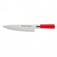 Chef knife with stainless blade and red handle, clean front view