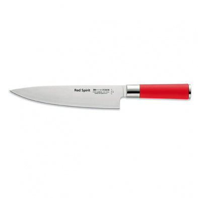 Chef knife with stainless blade and red handle, clean front view