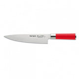 Chef knife with stainless blade and red handle, clean front view