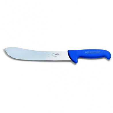 Butcher knife with blue ergonomic handle and silver 12-inch blade