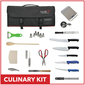 CookUp culinary kit set: black case with assorted chef tools, knives, peeler, tongs