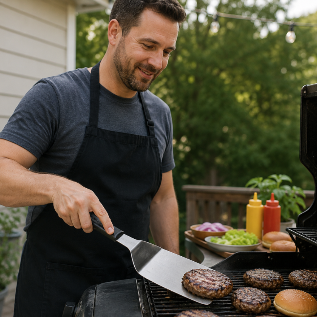 Hamburger turner held over burgers on a grill, stainless blade and dark handle