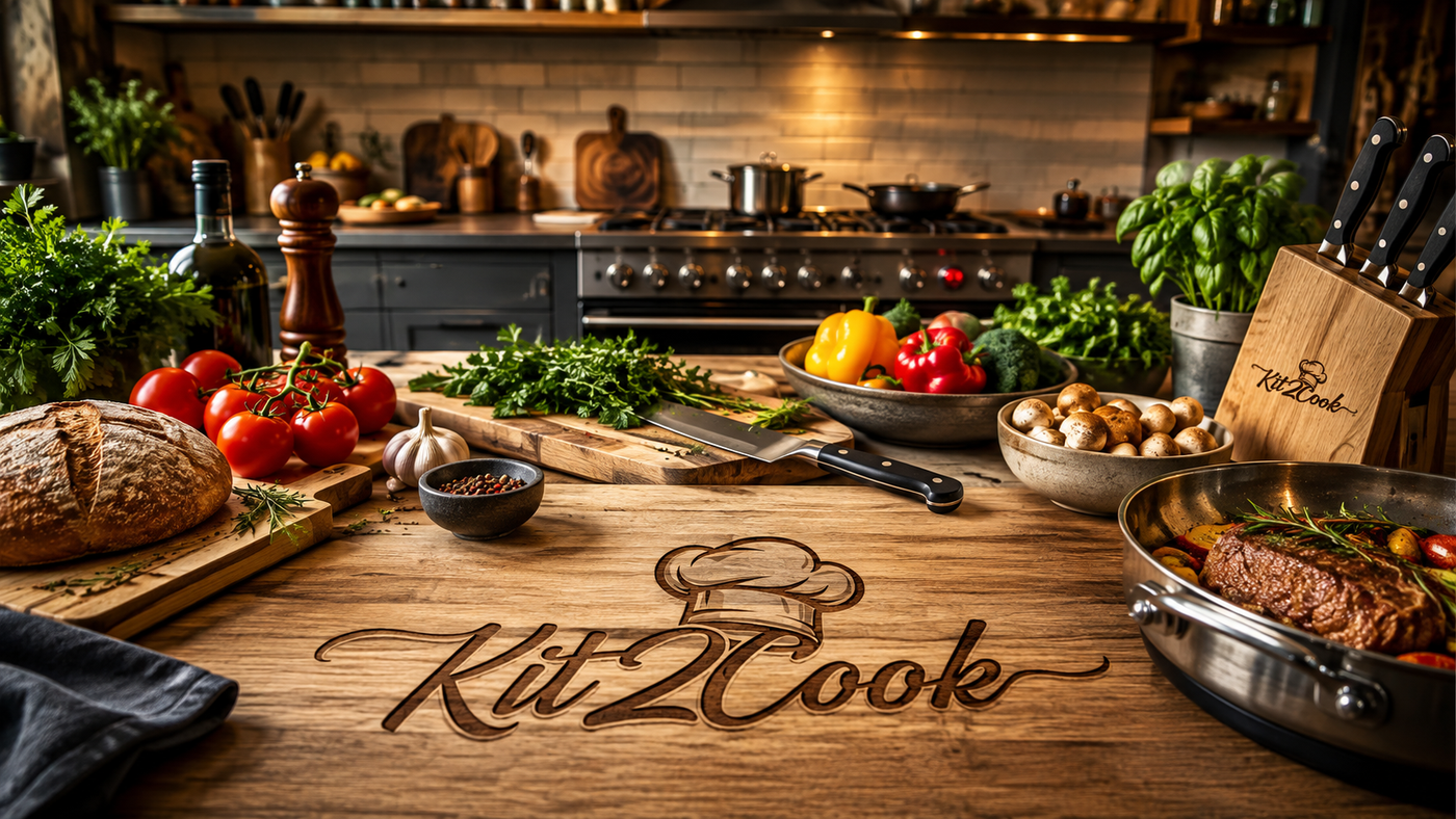 A rustic wooden countertop in a warm kitchen setting displays a Kit2Cook branded engraved logo, surrounded by fresh ingredients including tomatoes, garlic, herbs, mushrooms, and a steak in a pan, with a wooden knife block branded Kit2Cook in the background.
