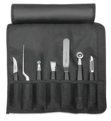 7-piece garnishing tool roll bag with stainless garnishing tools in fabric slots