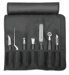 7-piece garnishing tool roll bag with stainless garnishing tools in fabric slots