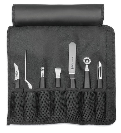 7-piece garnishing tool roll bag with stainless garnishing tools in fabric slots