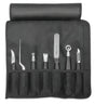 7-piece garnishing tool roll bag with stainless garnishing tools in fabric slots