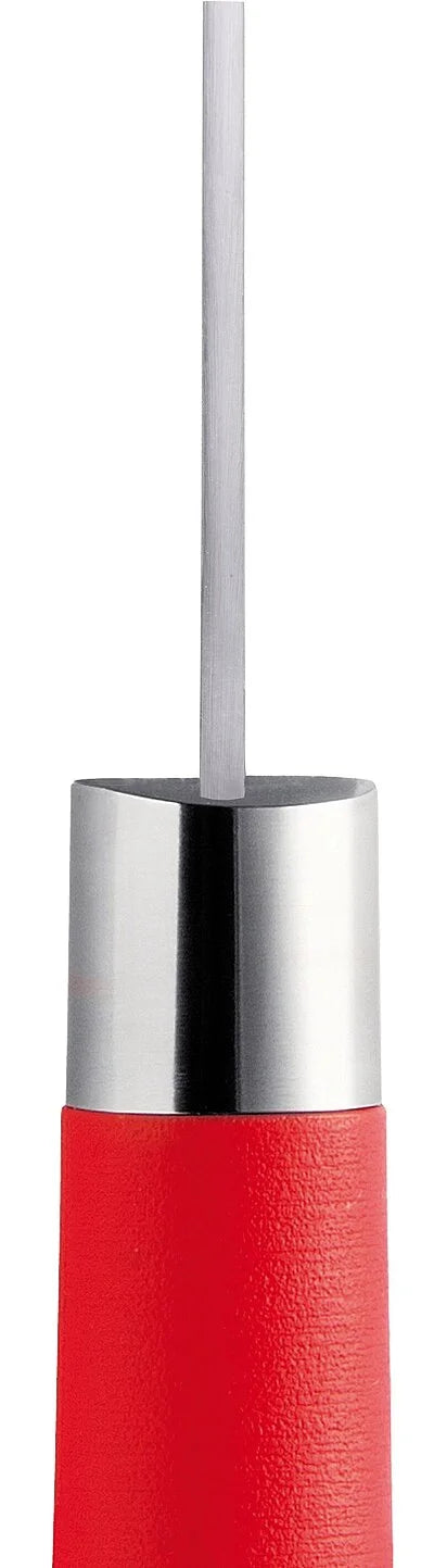 Red-handled slicing knife with stainless blade in chrome storage stand.