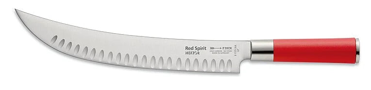 10-inch Red Spirit Hektor butcher knife with red handle and serrated blade, front view