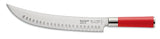 10-inch Red Spirit Hektor butcher knife with red handle and serrated blade, front view