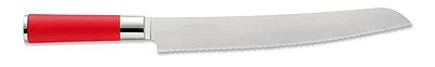 Serrated bread knife close-up: stainless blade, red handle and bolster