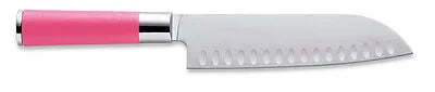 Pink santoku knife with scalloped edge and stainless bolster, side view