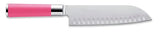 Pink santoku knife with scalloped edge and stainless bolster, side view