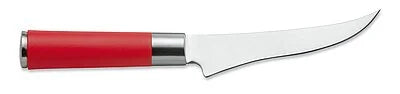 Boning knife with red handle and stainless blade