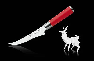 Boning knife with red handle and curved stainless blade