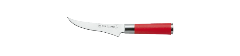 Boning knife with red handle and stainless blade with printed text