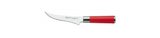 Boning knife with red handle and stainless blade with printed text