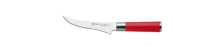 Boning knife with red handle and stainless blade with printed text