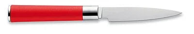 Red Spirit paring knife with red handle and silver blade, close-up side view