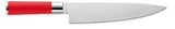 Chef knife with red handle and stainless blade, close-up