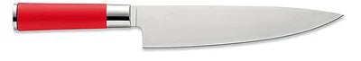 Chef knife with red handle and stainless blade, close-up