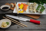 Sushi knife with red handle and long blade, near assorted sushi on tray