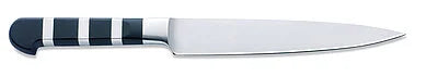 Flex filleting knife with black and white striped handle and straight stainless blade