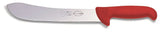 Butcher knife with red ergonomic handle, silver blade with F.DICK markings