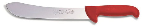 Butcher knife with red ergonomic handle, silver blade with F.DICK markings