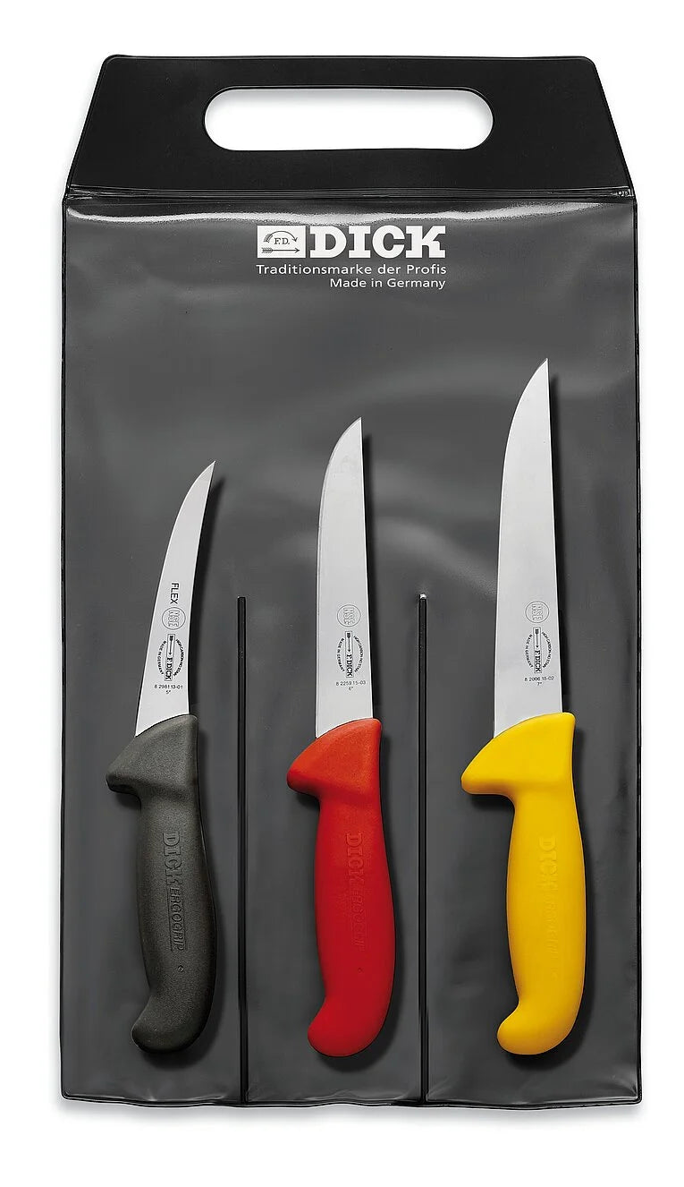 F.Dick knife set package with three deboning knives and red, yellow, black handles