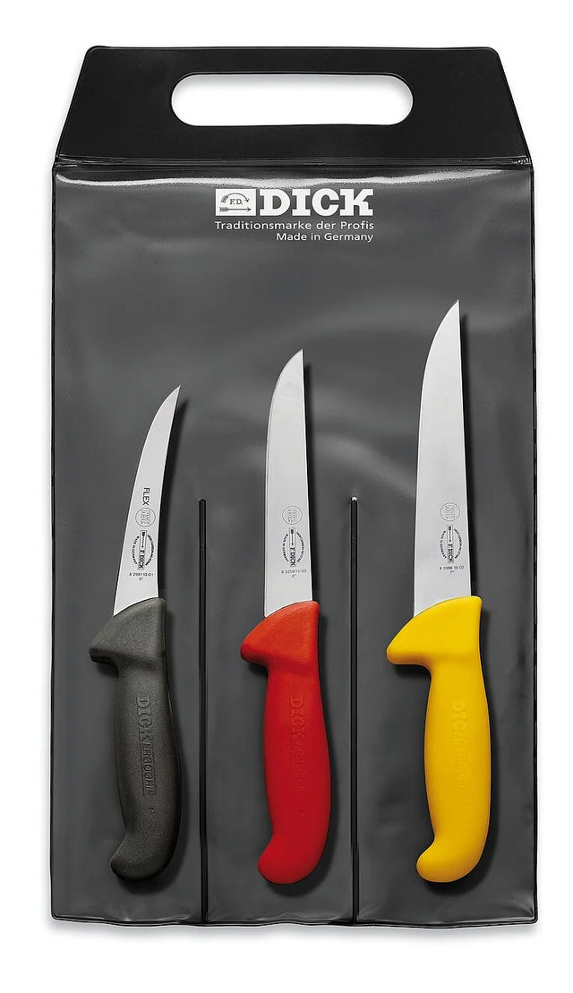 F.Dick knife set package with three deboning knives and red, yellow, black handles
