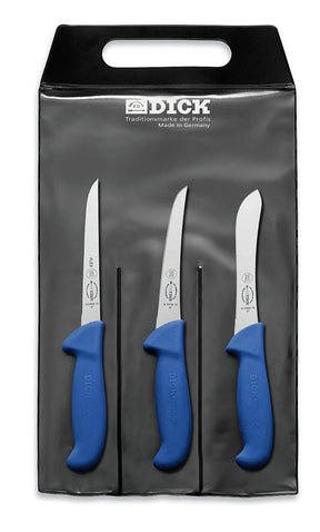 F.DICK ErgoGrip 3-piece kitchen knife set with blue ergonomic handles