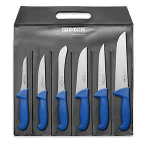 F.DICK ErgoGrip knife set in box: six knives with blue handles and sheaths