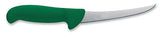 Curved boning knife with green ergonomic handle and shiny stainless blade