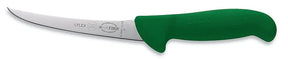 Curved boning knife with green ergonomic grip and blade markings near the spine