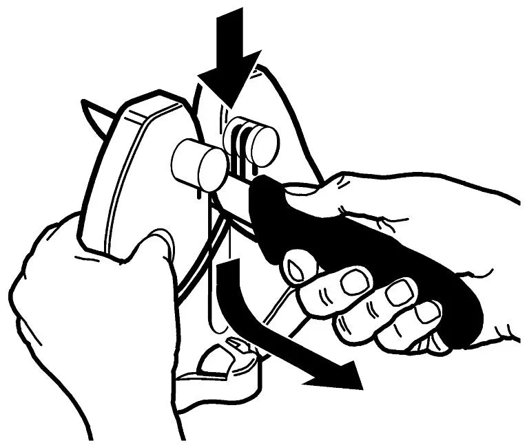 Diagram of hands using knife sharpener with arrow direction