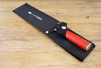 Black knife sheath with snap and belt loop, fitted to a red-handled knife