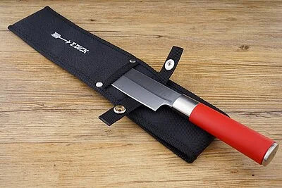Black knife sheath with snap closure, belt loop, holding a red-handled knife