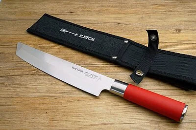 Black knife sheath with metal snaps and belt loop, with red-handled knife and blade