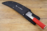 F.Dick knife sheath, black fabric with riveted snaps, holds a red-handled knife