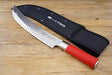 F.Dick knife sheath, black with snap buttons, opened to show serrated blade edge