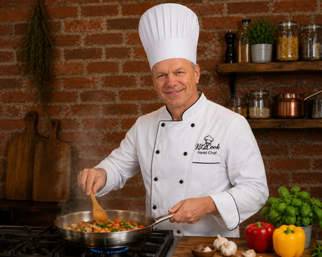 Chef holding a forged carving fork near a skillet on a kitchen stove
