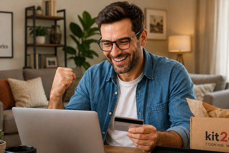 A smiling man with glasses sits at a table in a living room, holding a credit card and looking at a laptop. A brown paper shopping bag with the partial brand text 'kit2.