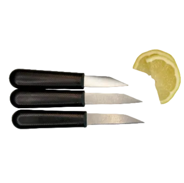 Three paring knives with black textured handles and stainless blades, beside lemon half