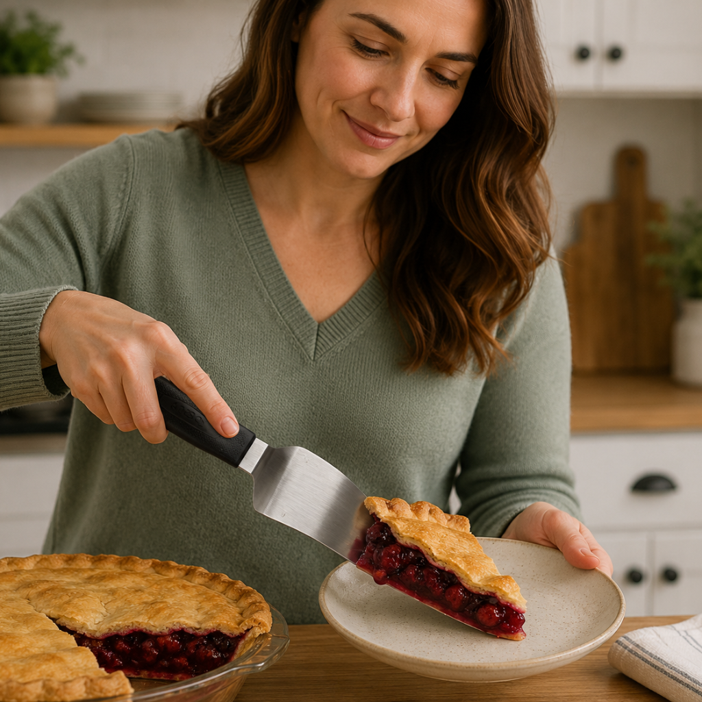 Pie knife holding a slice on a plate; stainless blade and black handle