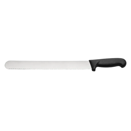 Serrated bread knife with black handle, side view of long scalloped blade