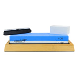 CookUp 400/1000 grit sharpening stone set, stacked blue stones on base