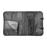 Knife roll bag, open dark gray with fabric slots and inner zipper pockets.
