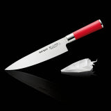 Chef knife with red handle and pointed stainless blade, side view