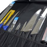 Black chef tool roll-up pouch with cookUp tools and knife, spatulas, and utensils pockets